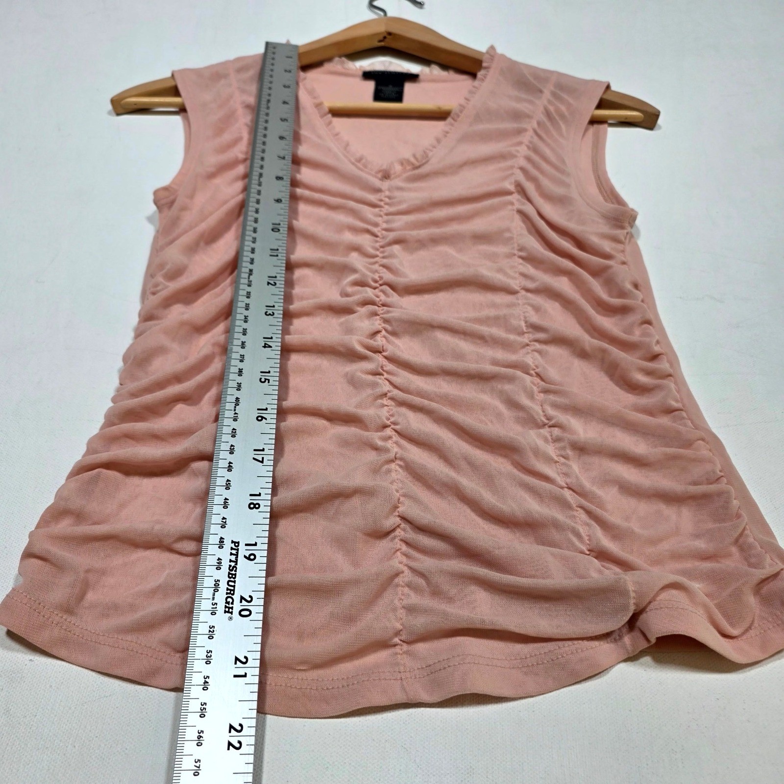 The Limited Top Womens S Pink Ruched Mesh V-Neck Sleeveless Ruffle Trim Blouse