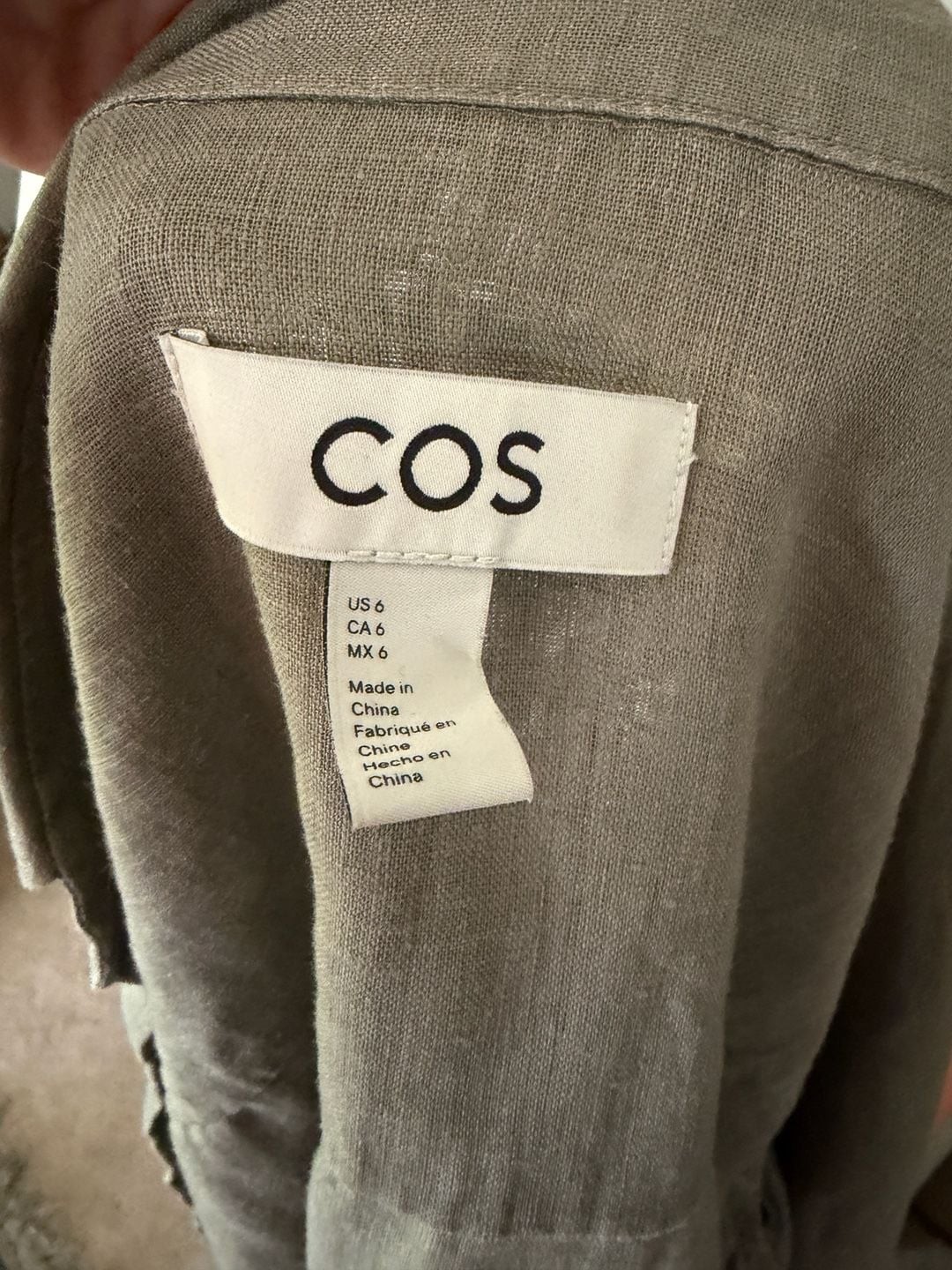 COS 100% Linen Gray Taupe Button Down Shirt Blouse Size