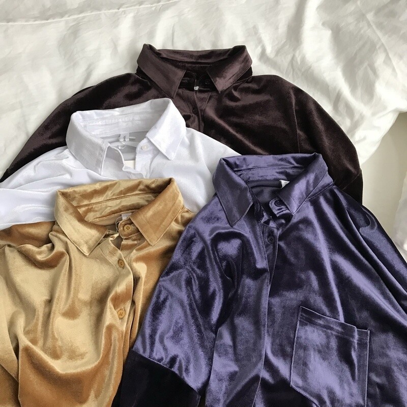 Womens Velvet Blouse Top Long Sleeve Casual Plain Plus Size Plus Size