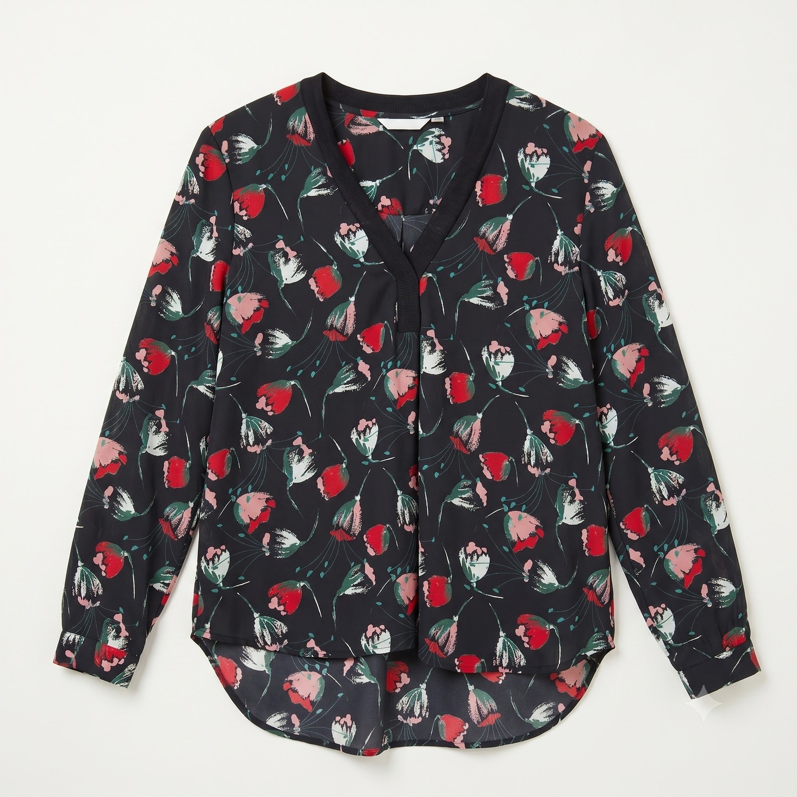 Halogen Woven Floral V Neck Popover Top Black Red Relaxed Fit Womens Small