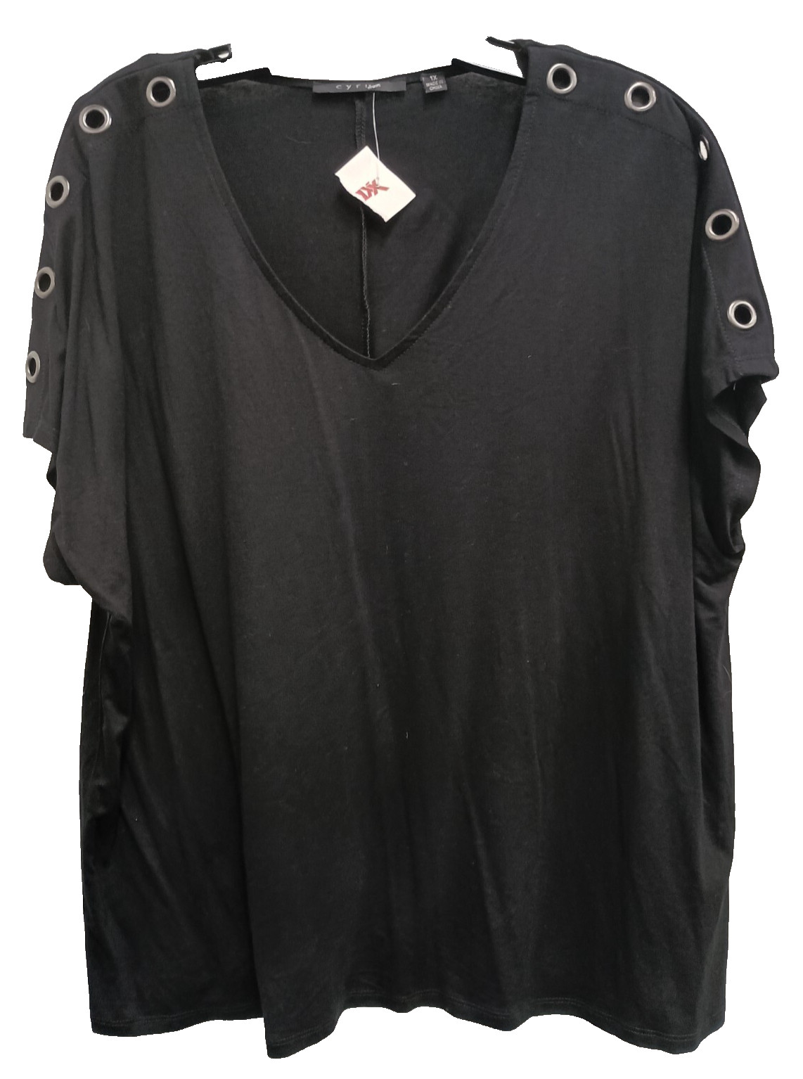 Cyrus Womens Top Size 1X Black Grommet Short Sleeve Casual Minimalist Tee NWT