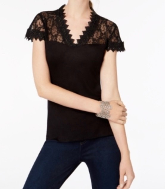 I-N-C Woman’s Extra Large Black Short Sleeve Lace Trim Top NWT $59.50