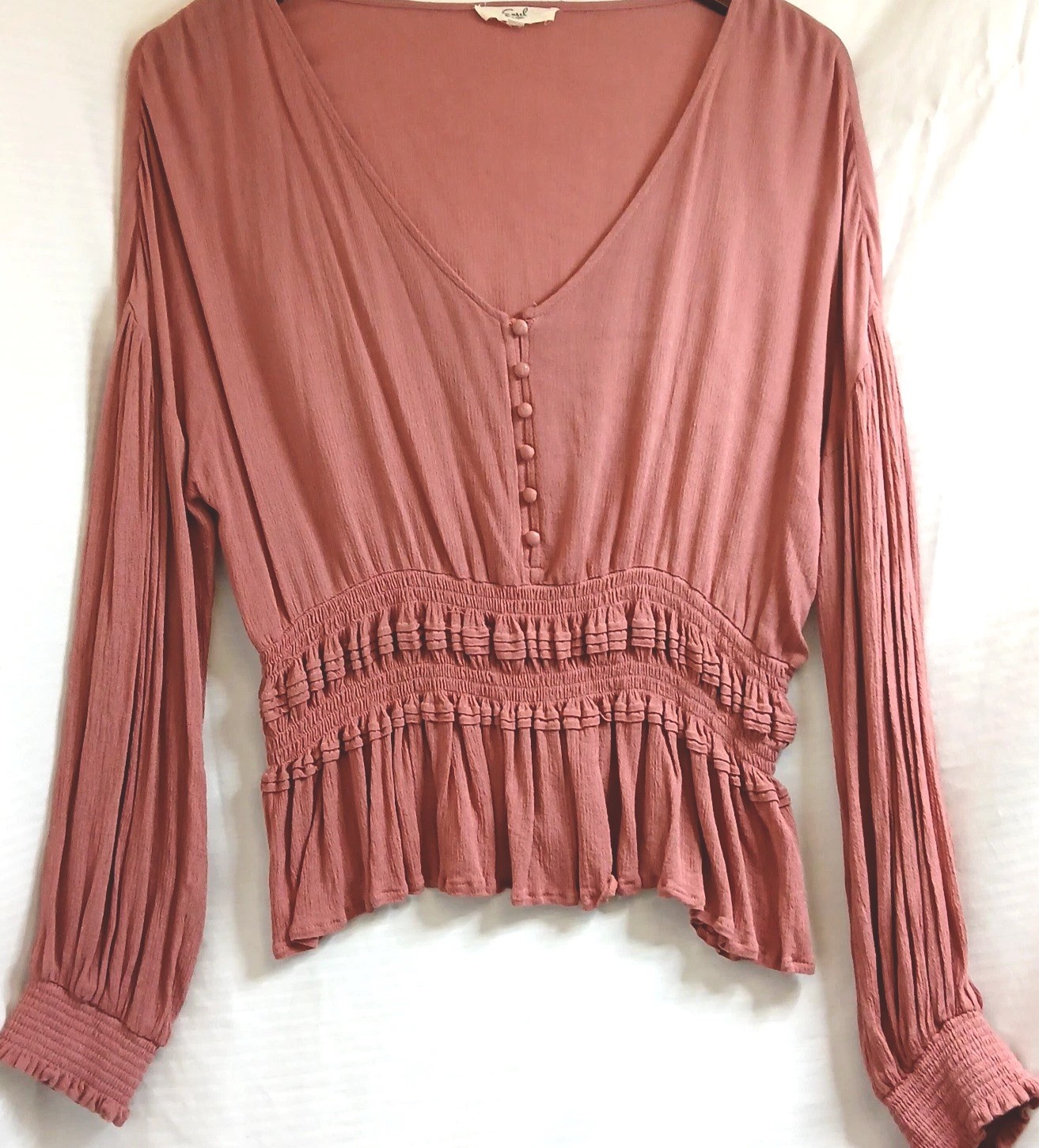 Easel Mauve Smocked Waist Boho Peasant Top Long Sleeve Size L