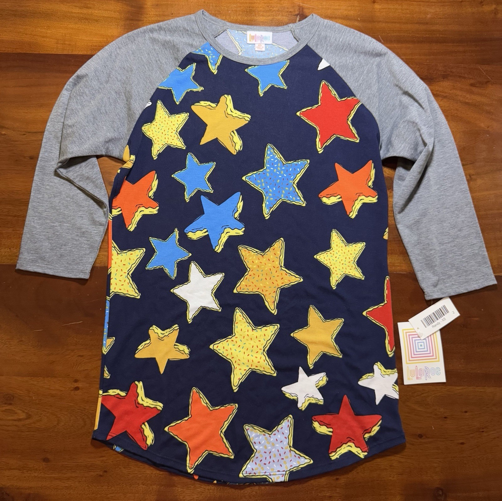 LuLaRoe Randy Top Shirt Americana Stars Raglan Gray Navy Blue Red Yellow XS -New