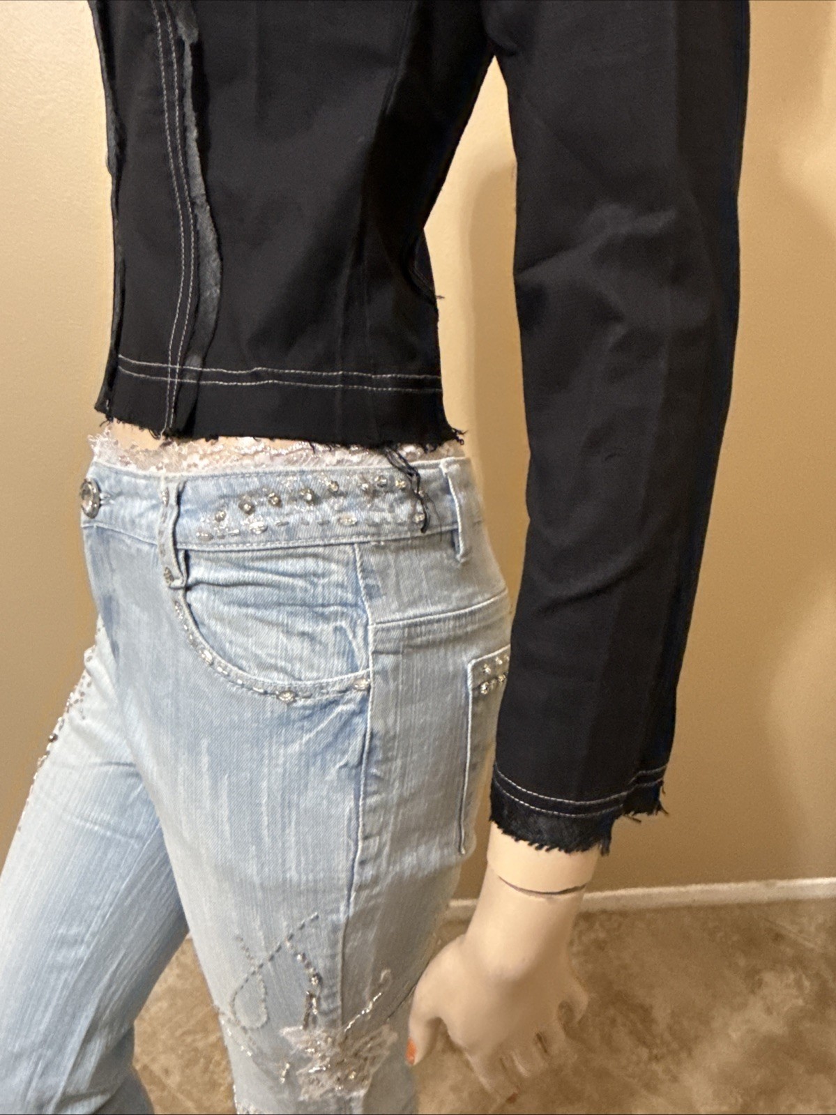 Women’s Black Rayon Casual Stretch Slim Beads Collar Size L Button-up Blouse Top