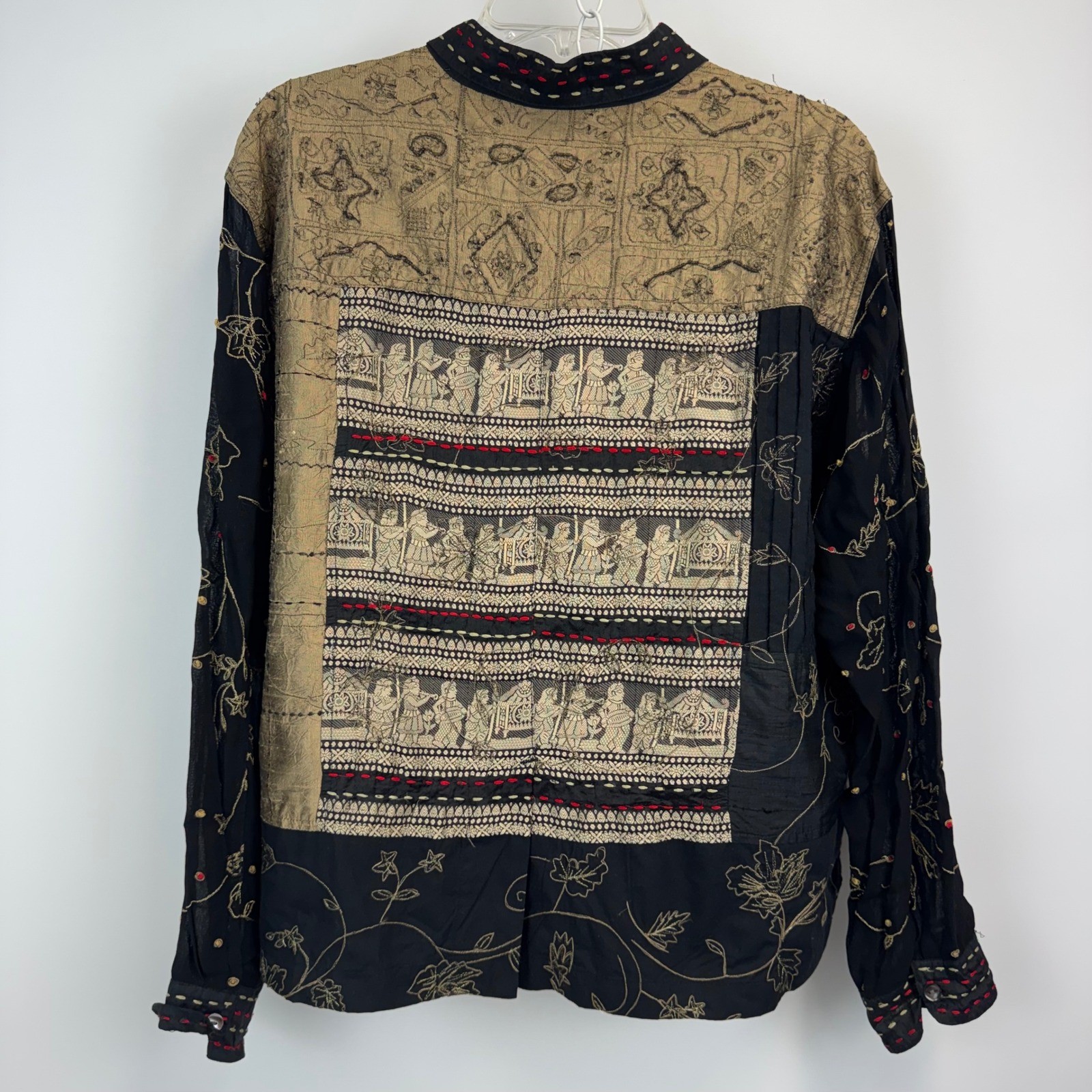 Chicos Silk Blend Patchwork Embroidered Button Front Blouse Gold Black Size 3