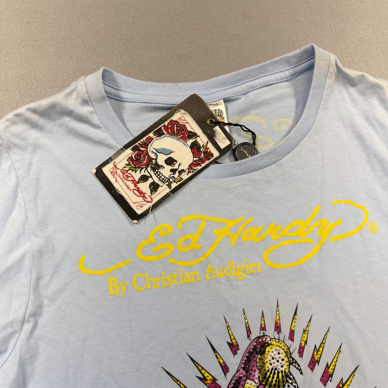 Ed Hardy Shirt Womens XXL Blue Rhinestone Tattoo Graphic Double Sided Tee Y2k