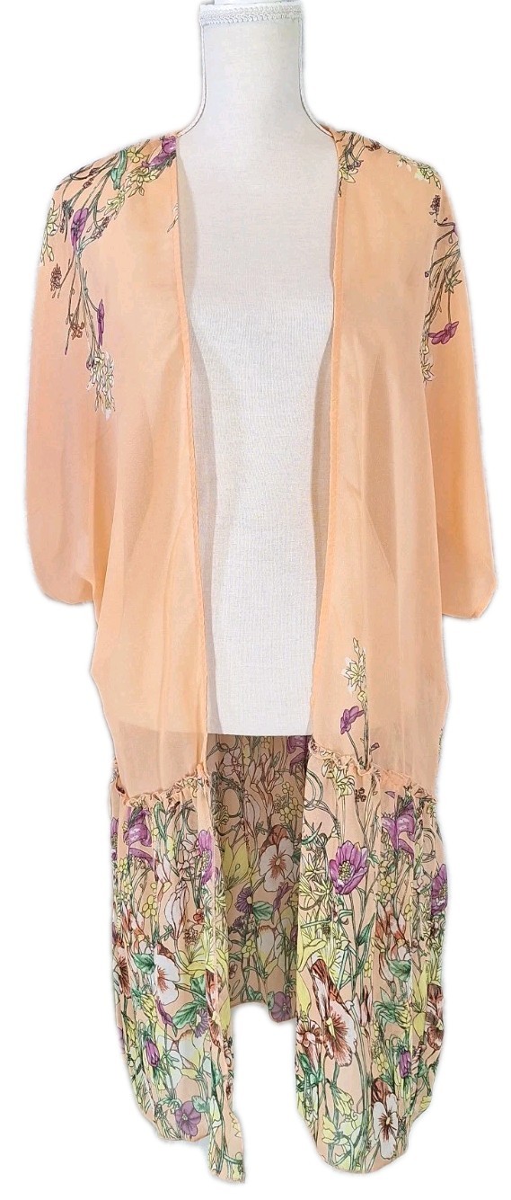 EN CREME SzL Semi-Sheer Chiffon Open Floral Cover-Up Top Duster Ruffle Hem Boho