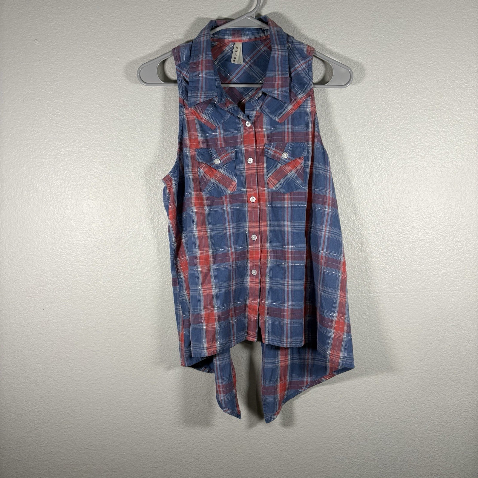 Roper Sleeveless Plaid Shirt L Metallic Accent Scissor Tail