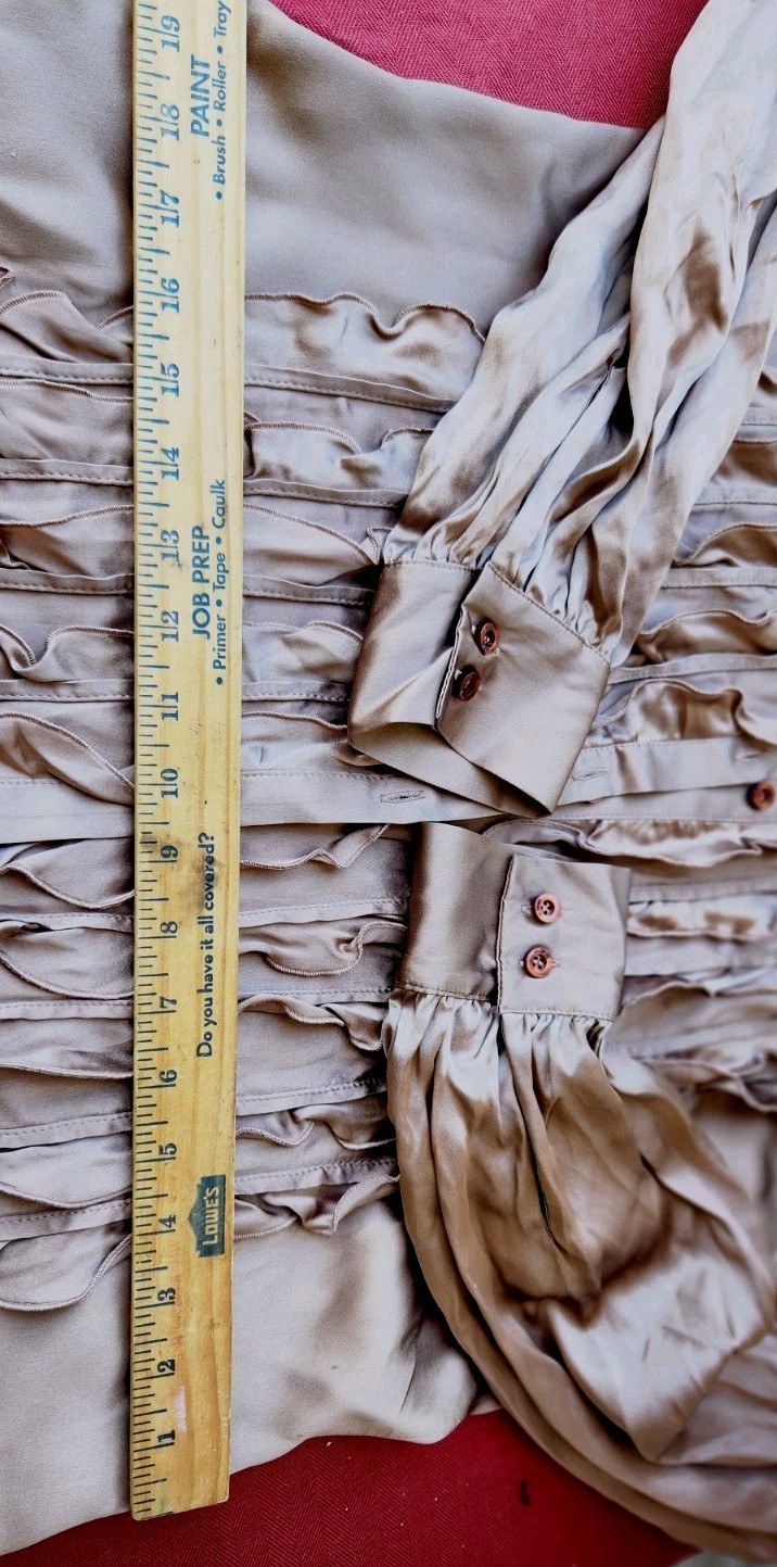 JUST CAVALLI SATEEN BLOUSE W/RUFFLES LONG SLEEVES KHAKI COLOR W SZ.12 /EU 48 NEW