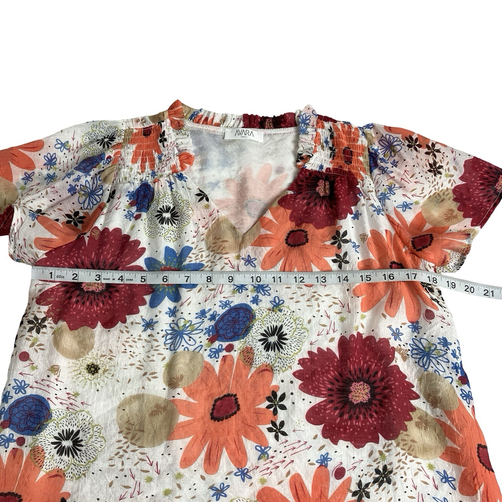 Avara Top Womens Small Floral All Over Print Split Neck Lined Ruffle Collar Boho