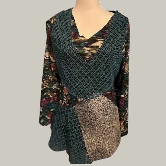 This & That Mixed Media Patchwork Mesh Lace V-Neck Tunic Top Blue Purple XXL