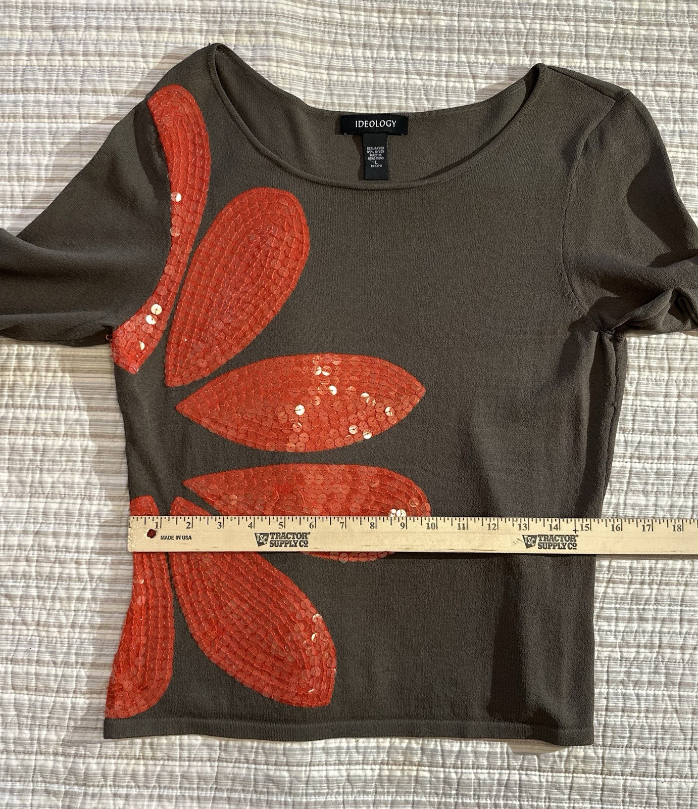 Ideology Women’s Army Green Sequin Floral Long Sleeve Knit Top Size Large L