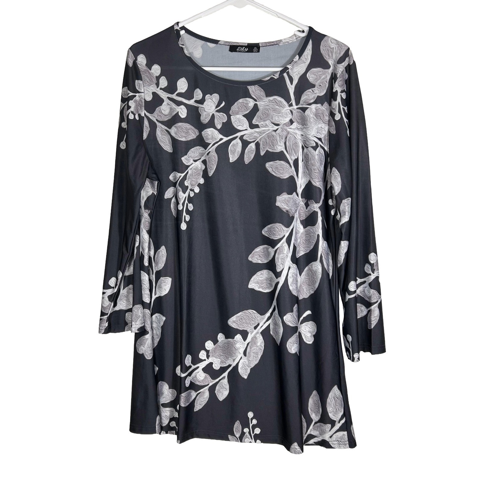 Lily by Firmiana Womens XL Black Grey White Botanical Leaf Print Tunic Blouse