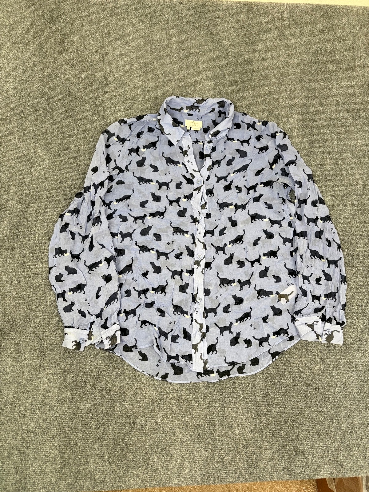 Kate Spade Black Cat and Cream 100 % Silk Blouse Blue Long Sleeve Size 6