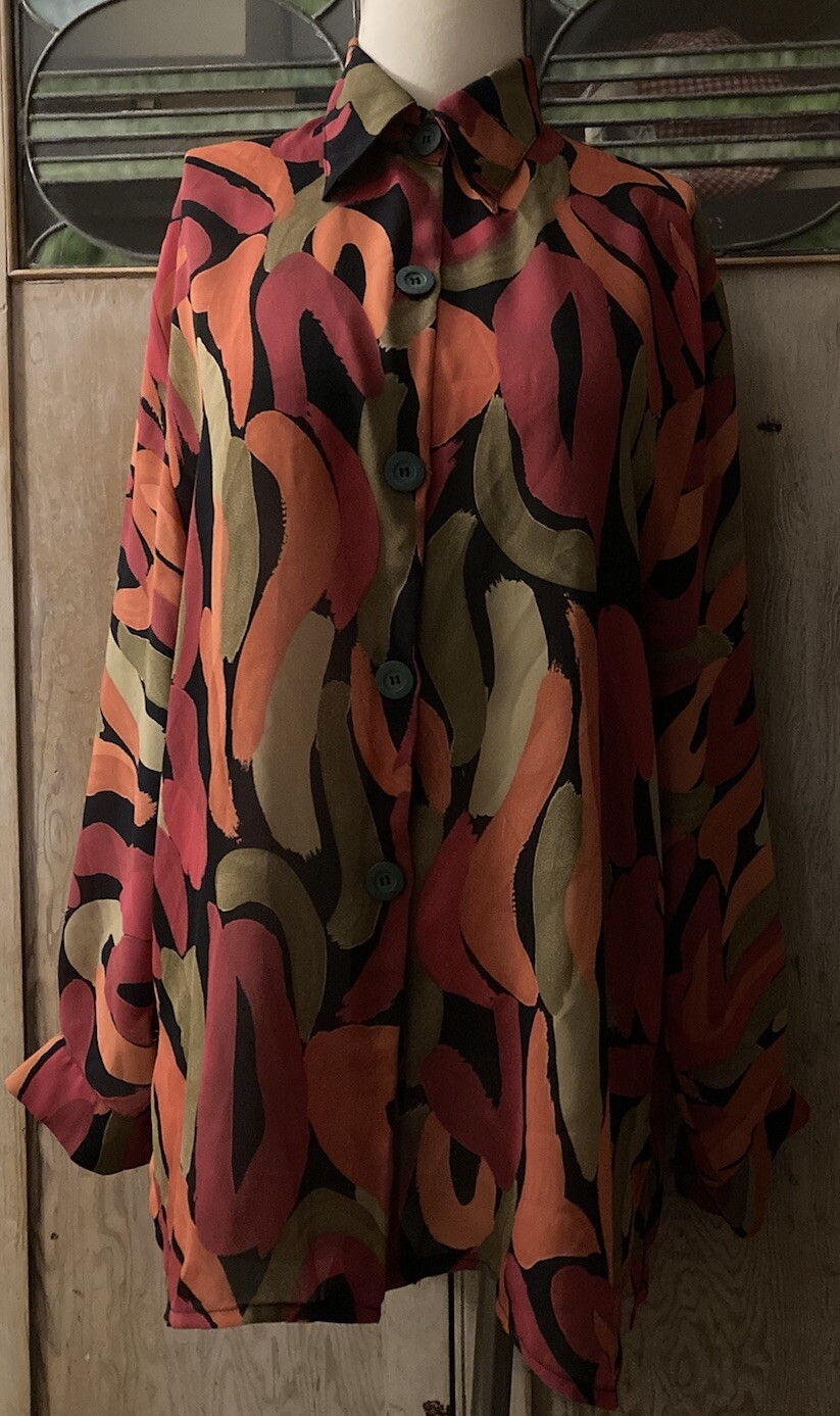 Thelma Fewo Paris Crepe Silk Semi-Sheer Blouson Shirt T-2 (S) Abstract MOD EUC