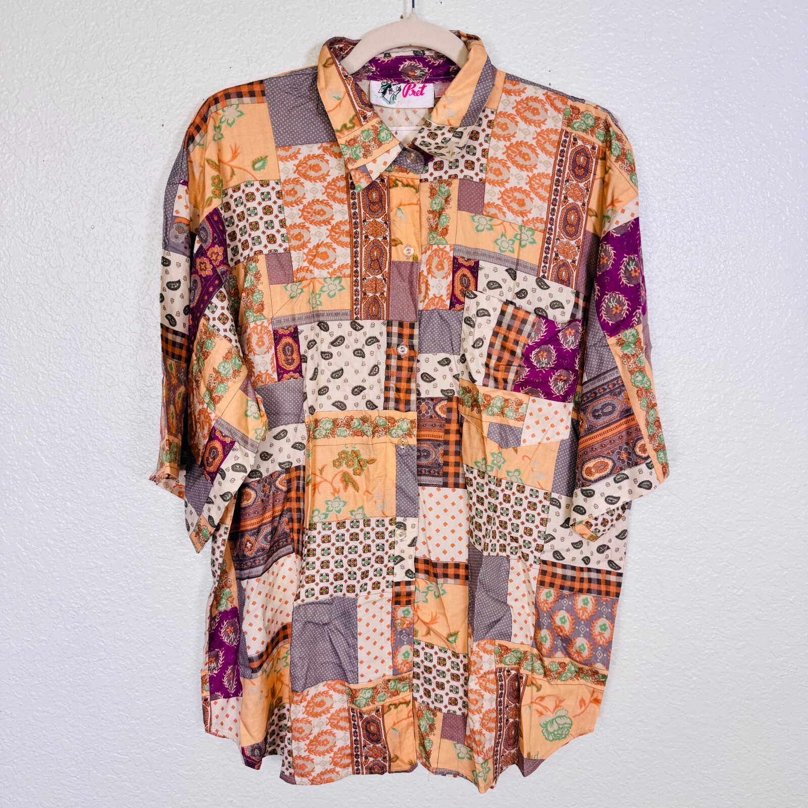 Vintage Patchwork Shirt Womens Extra Large Button Front Rayon Boho 80s Pret NEW