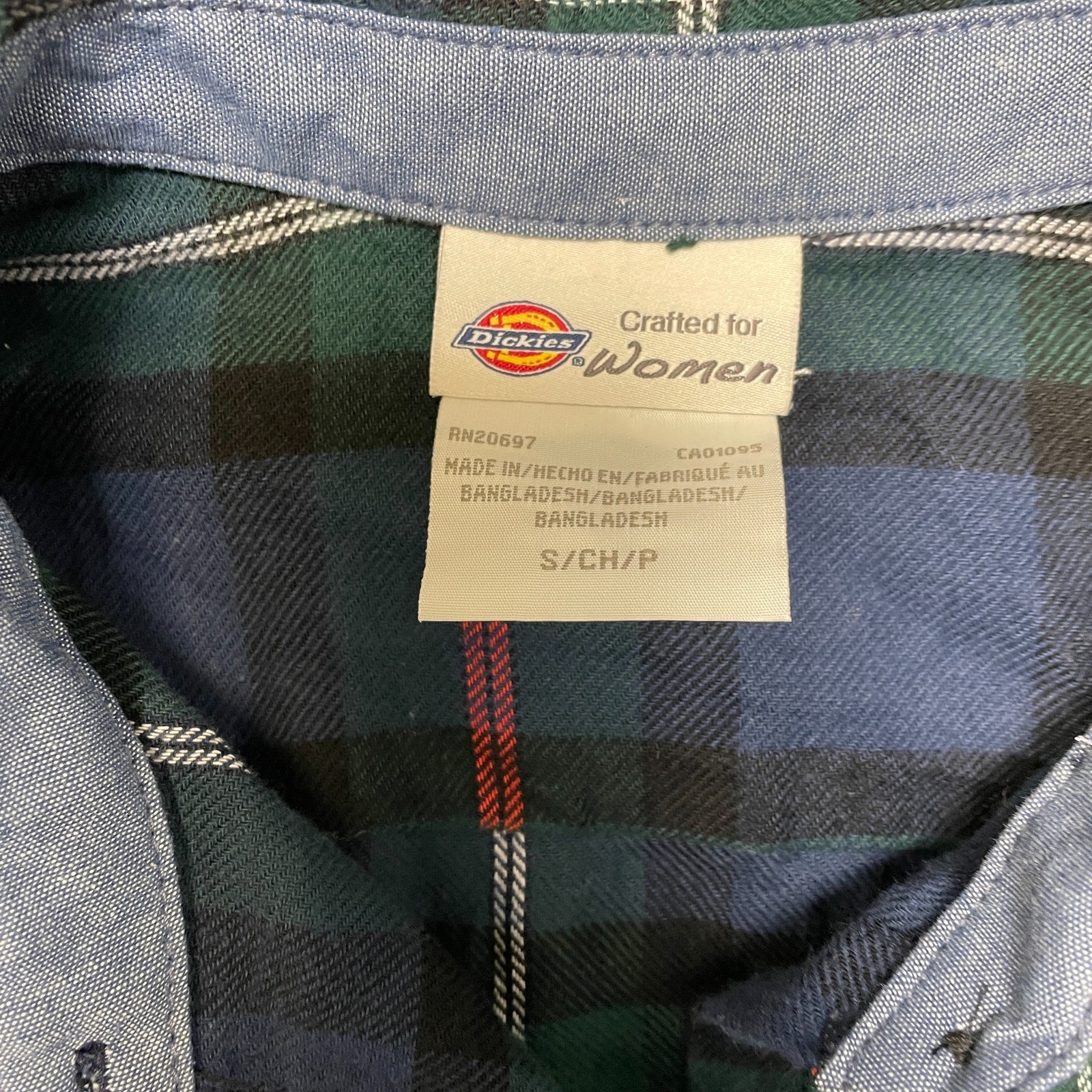 Dickies Flannel Shirt Womens Small Ink Navy Tartan Plaid Button Up Long Sleeve