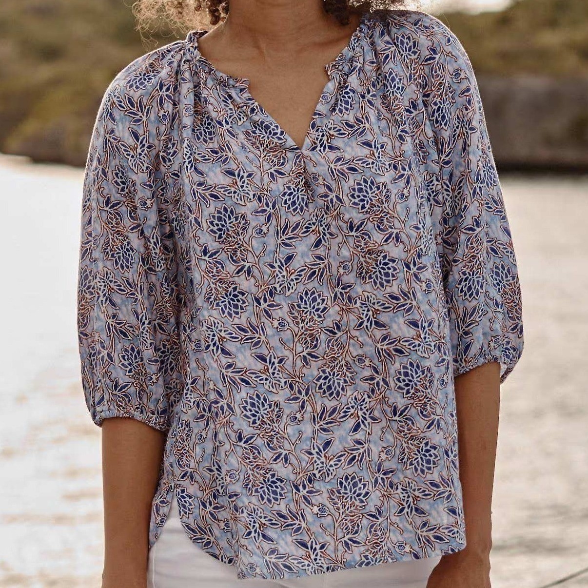 J. Jill Love Linen Women’s Peasant Top Floral 3/4 sleeve Blouse Beachy Boho Sm
