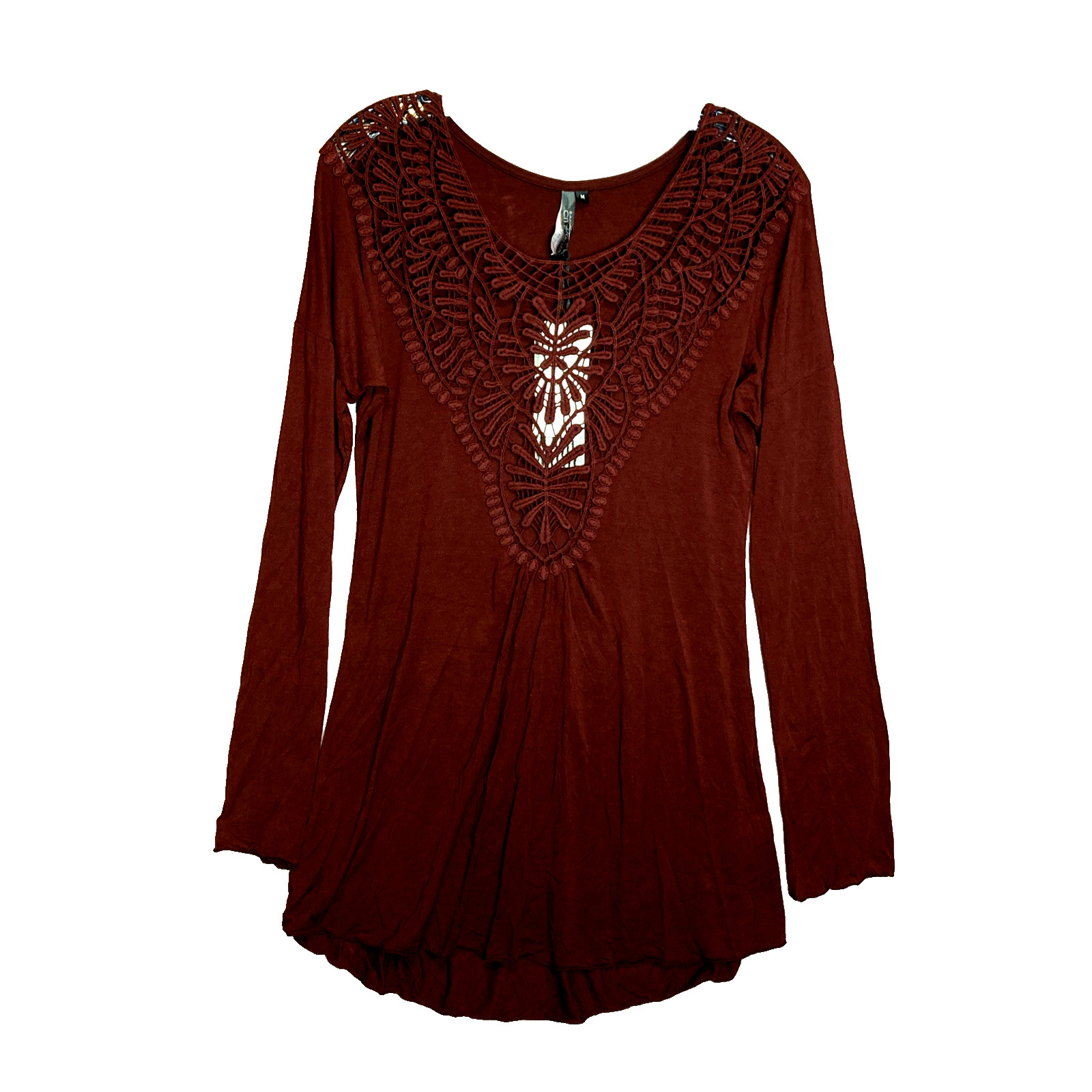 Tunic Top Shirt Womens M Bohemian Peasant Open Crochet Cut out Embroidery Autumn