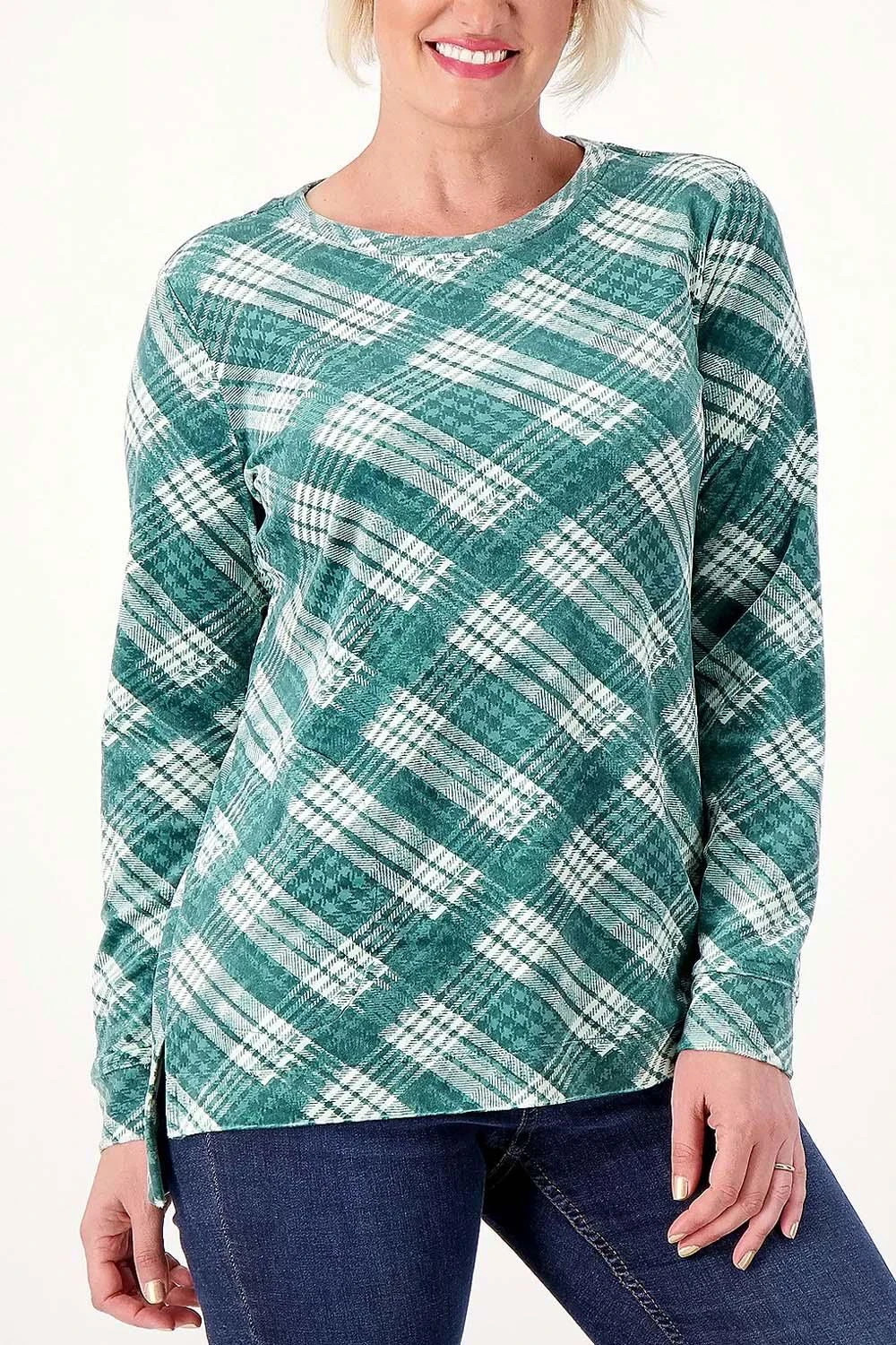 Denim & Co. Printed Velour Pullover Hi-Low Hem Deep Pine Plaid Size S Petite