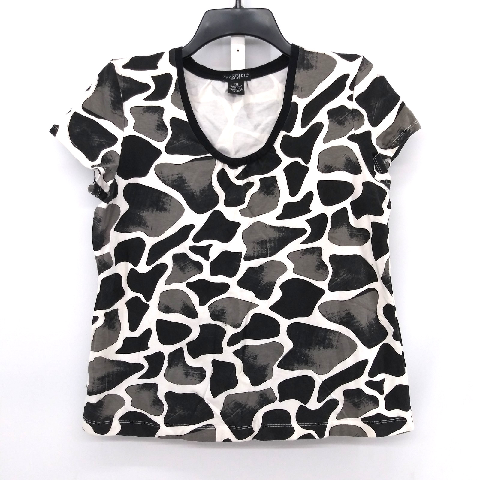 Bay Studio Shirt Women Size PM White Black Gray Animal Print Short Sleeve Casual