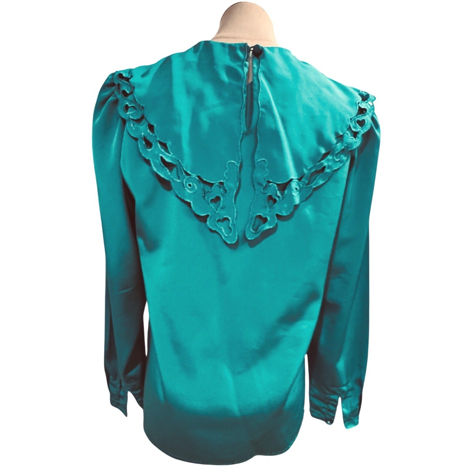 Nilani Teal Satin Cutout Collar Long Sleeve Blouse Top Vintage 6 Retro 80s-90s