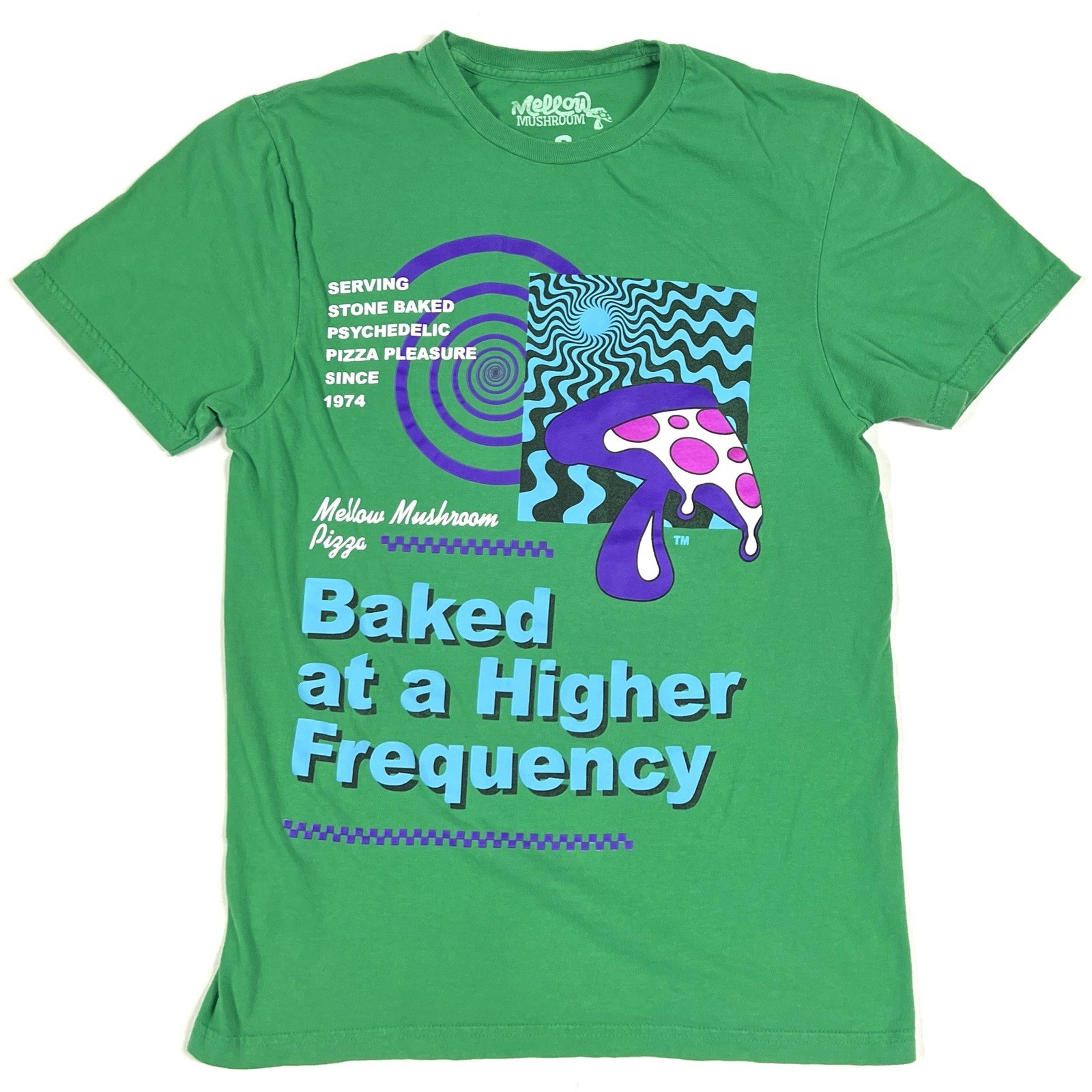 Mellow Mushroom T Shirt Sz S Baked High Frequency Psychedelic Stoner Green Pizza