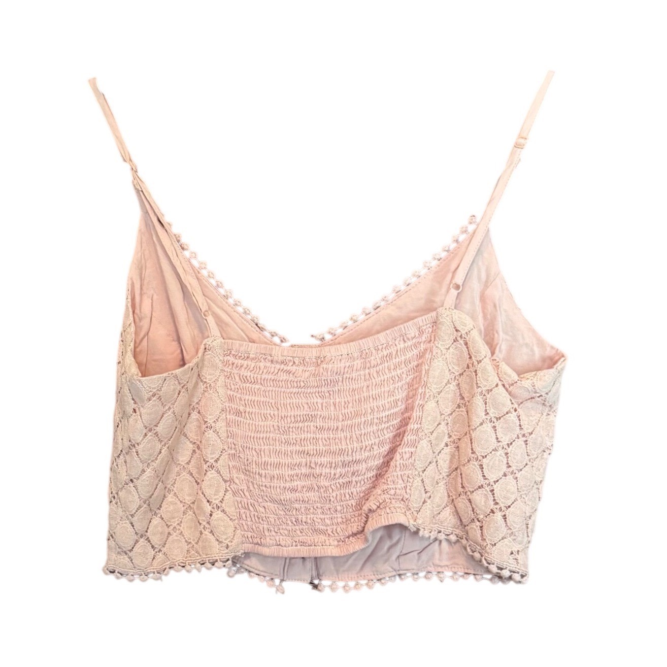 Pink Crochet Lace Smocked Button Up Crop Top Boho Festival L Coquette Fairy Fem
