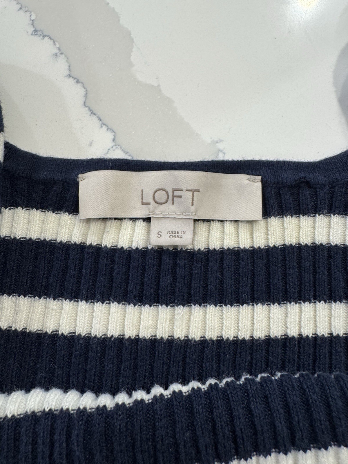 LOFT Ribbed Knit Striped Tank – S – Navy/White – Square Neck – Stretch