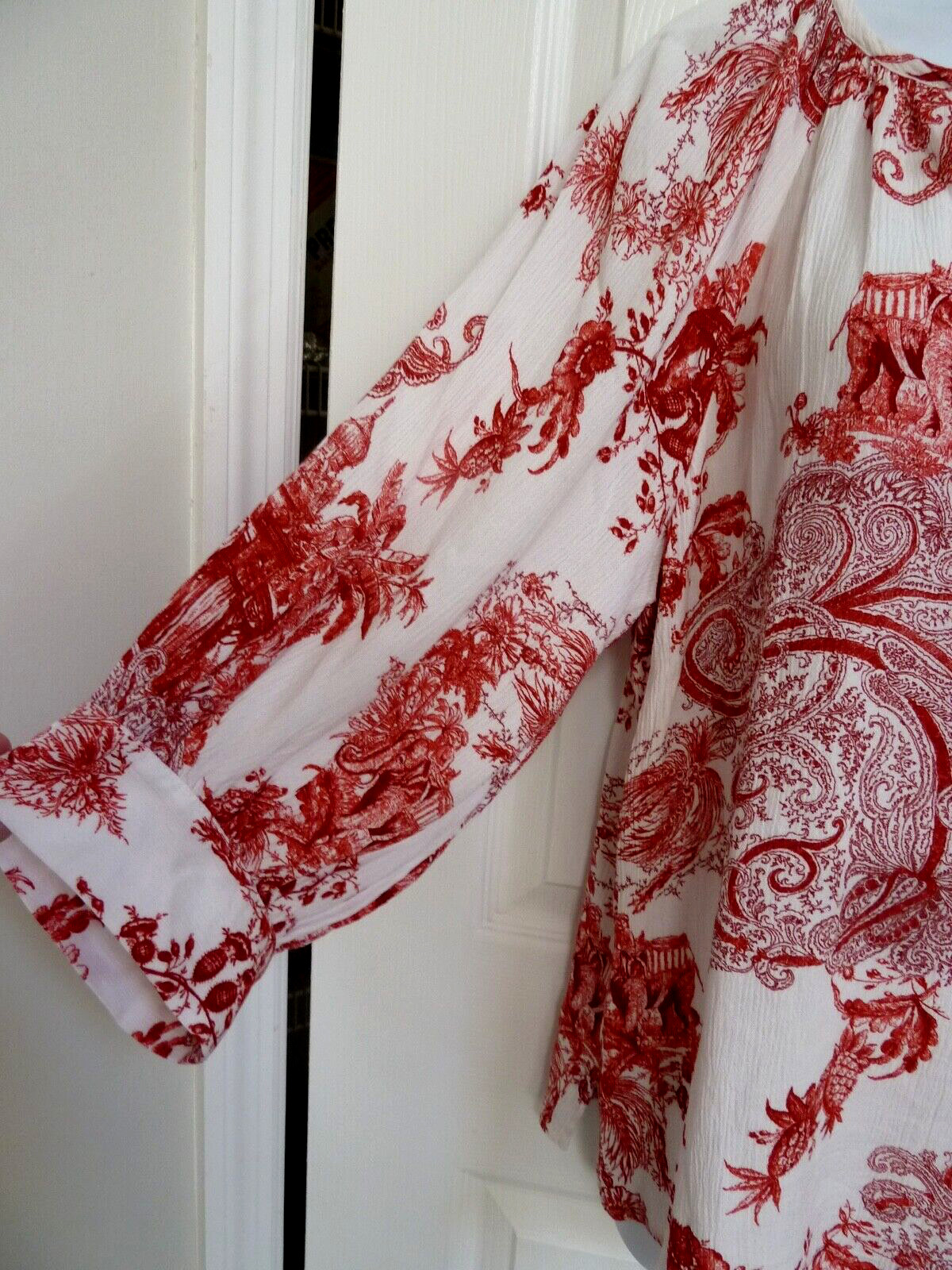 *KAREN KANE Sz Med. 8/10 Gauzy Balloon Sleeve Boho Blouse Asian Print Peasant*