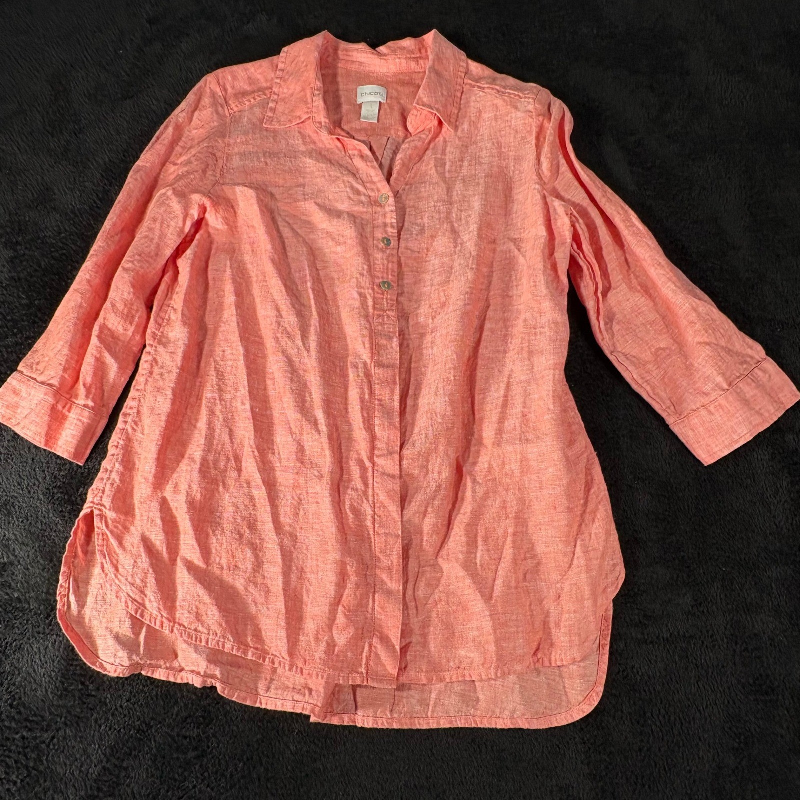 Chicos Women’s Size 1 Linen Top Salmon Coral 3/4 Sleeve Button Down Tunic