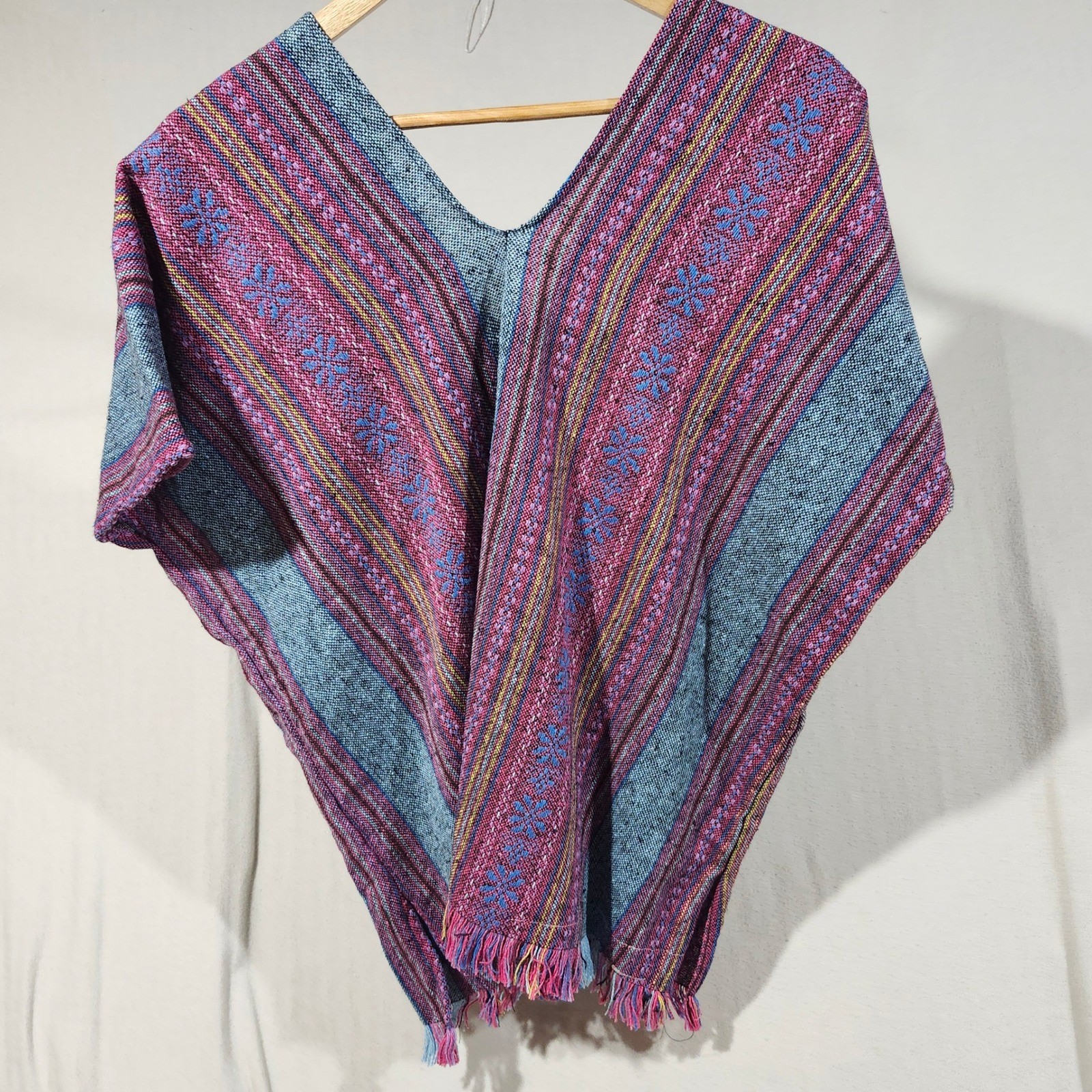 Elephant Jungle Sanctuary Traditional Thai Poncho Top Blue Pink Striped Medium