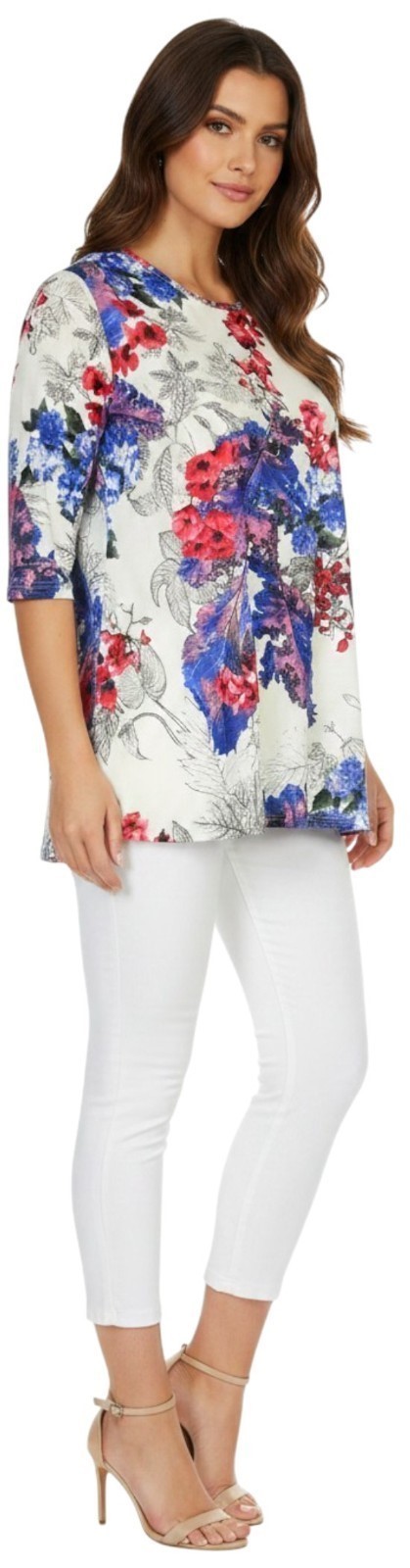 Womens Top Long Line Stretch Tunic White Blue Red Floral Mesh Half Sleeve