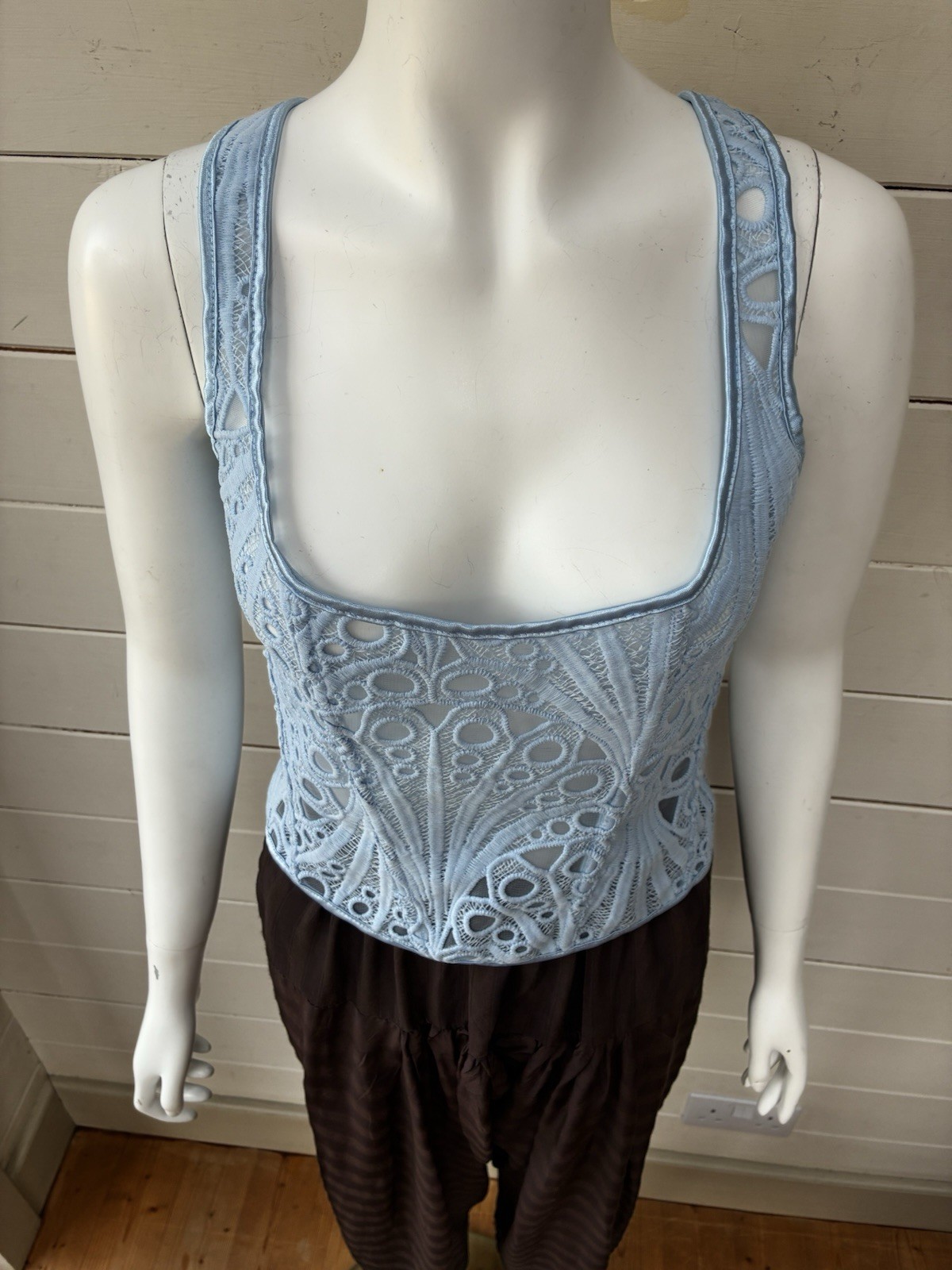 A Fab Baby Blue Mesh & Lace Corset Top By PrettyLittleThing Size 12 NWT ￼