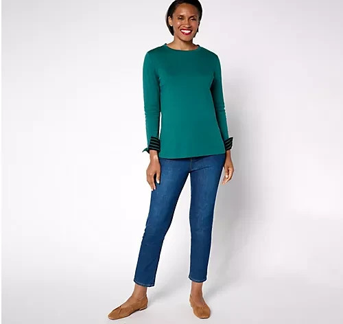 Isaac Mizrahi Live! Essentials Pima Cotton Long Sleeve Crewneck Pine Size S