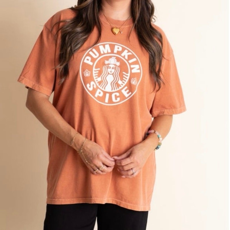 NEW Comfort Colors Pumpkin Spice Graphic Tee Burnt Orange Fall Starbucks Small