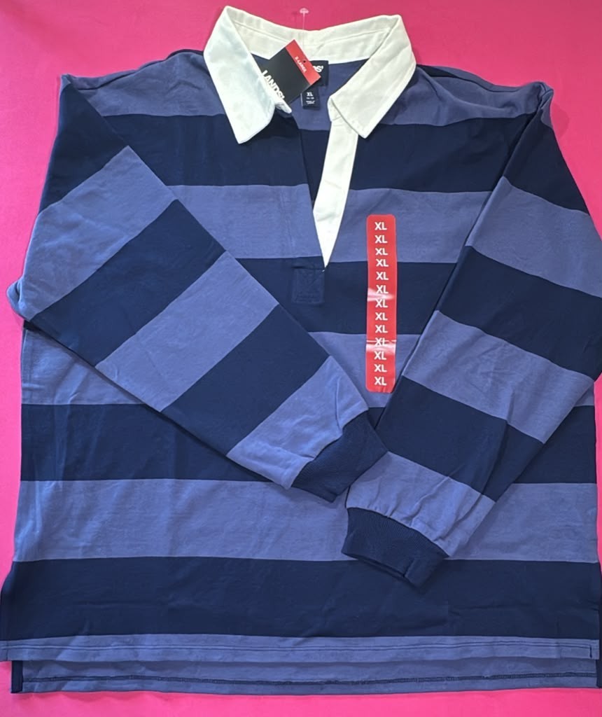 Lands’ End Rugby Shirt Navy Blue Stripe Size XL – Classic Cotton Collared Top