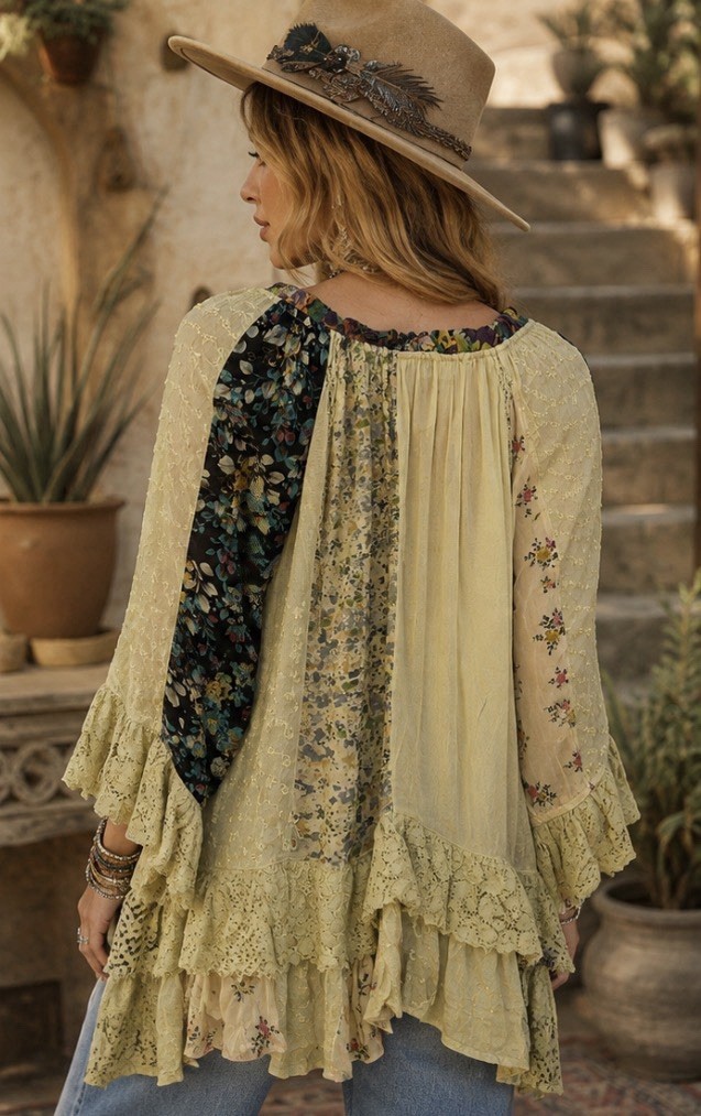 Young Threads Patchwork Floral Top With Lace Ruffles & Mixed Fabric Details, L