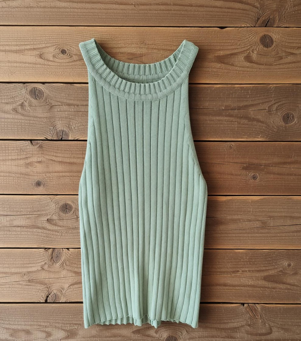 Womens Sage Green Ribbed Knit Tank Top Size Small S High Neck Sleeveless Summer