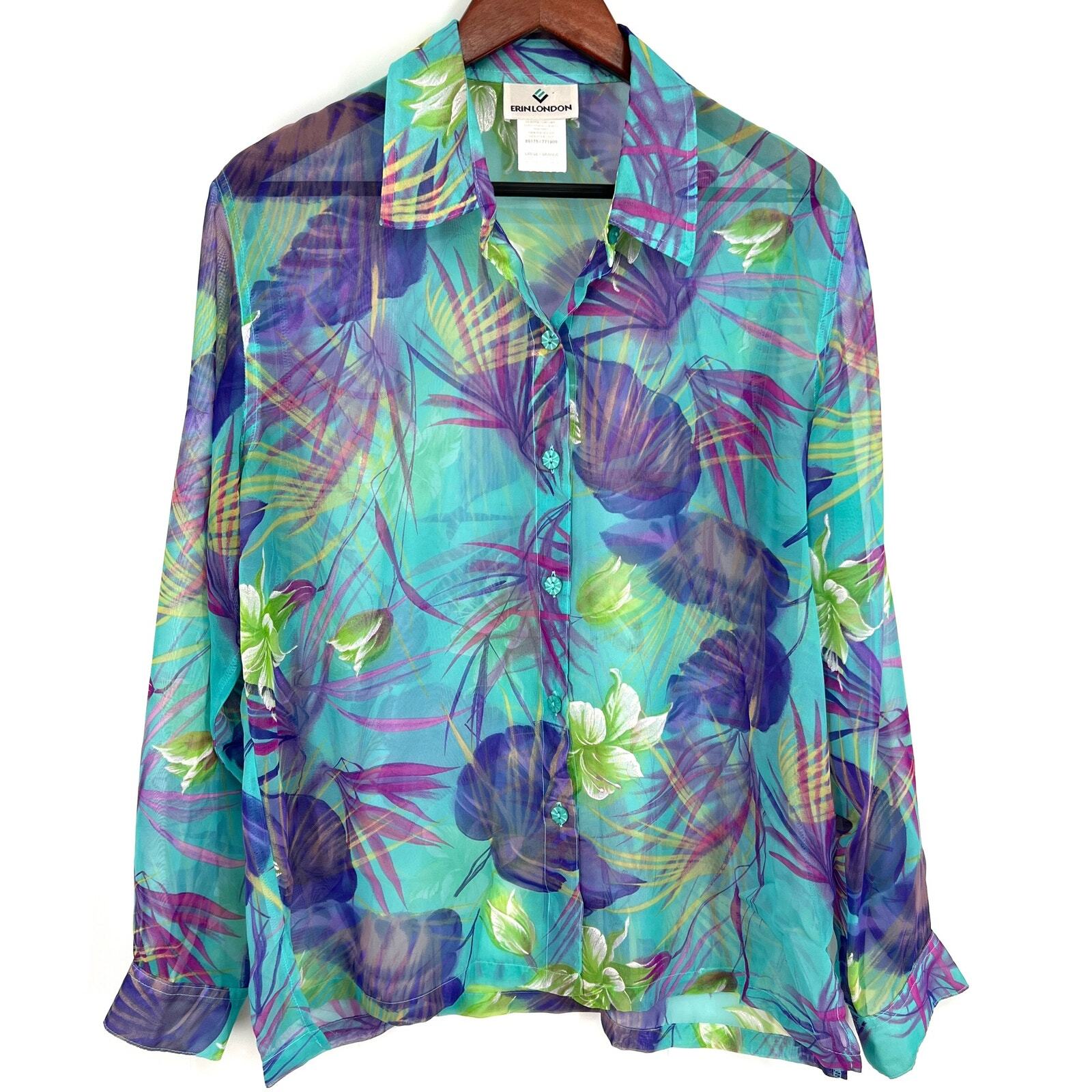 Erin London Size L Large Sheer Tropical Floral Beach Blouse Shirt Top Summer