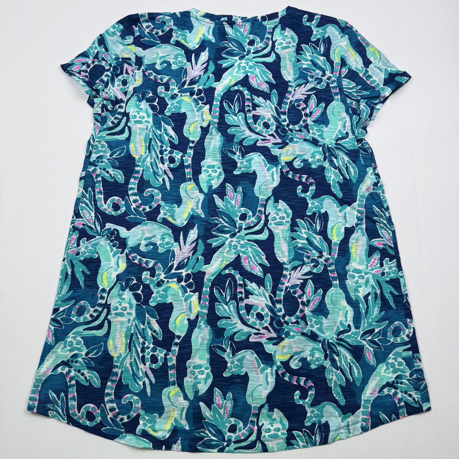 Lilly Pulitzer Shirt Womens S Blue Green Tropical Lemur Print V Neck Cotton