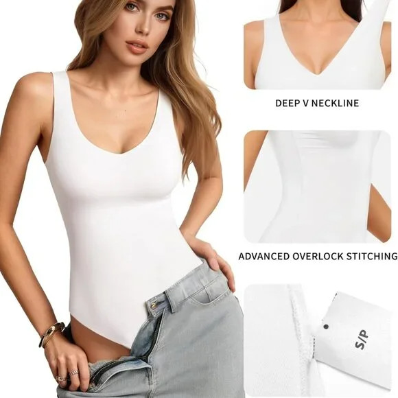 V-Neck Bodysuit M White Lined Adjustable Crotch Soft Stretch USA Seller NEW