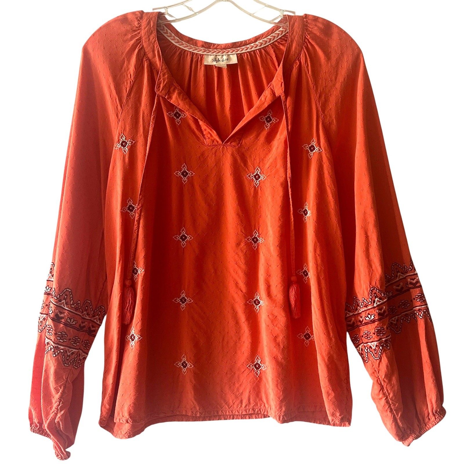 Style & Co Southwest Embroidered Top Womens Small Coral Western Boho Blouse