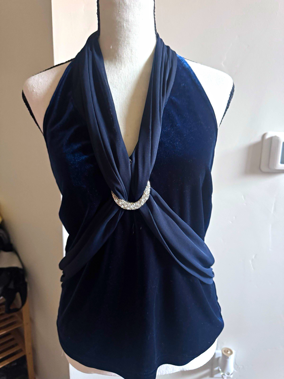 Kaleidoscope Navy Velvet Halter Neck Sleeveless Backless Rhinestone Top, 14