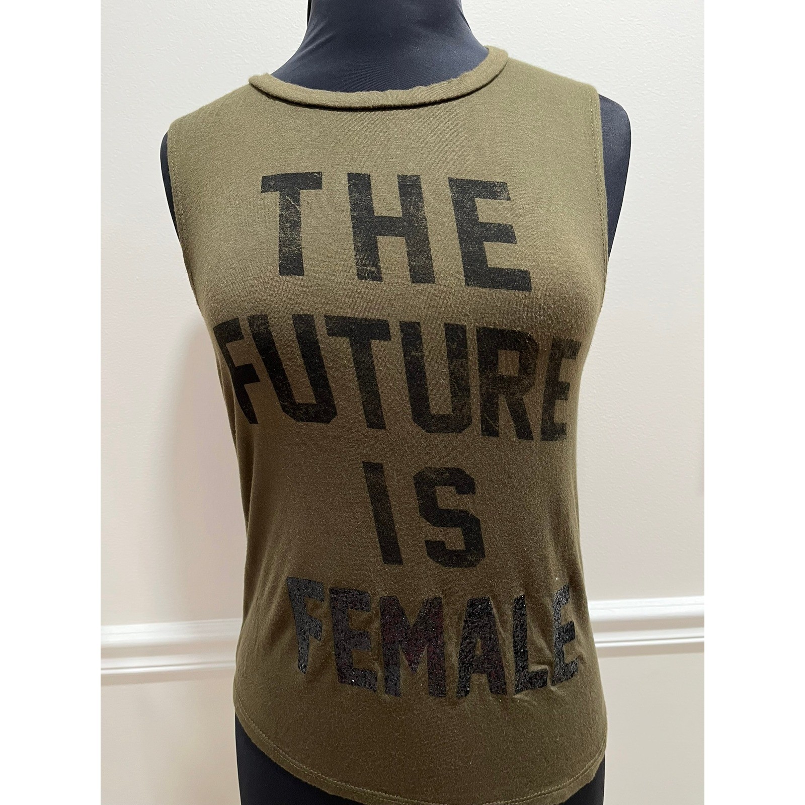It Closet Los Angeles Olive Green The Future Is Female Glitter Tank Top Small