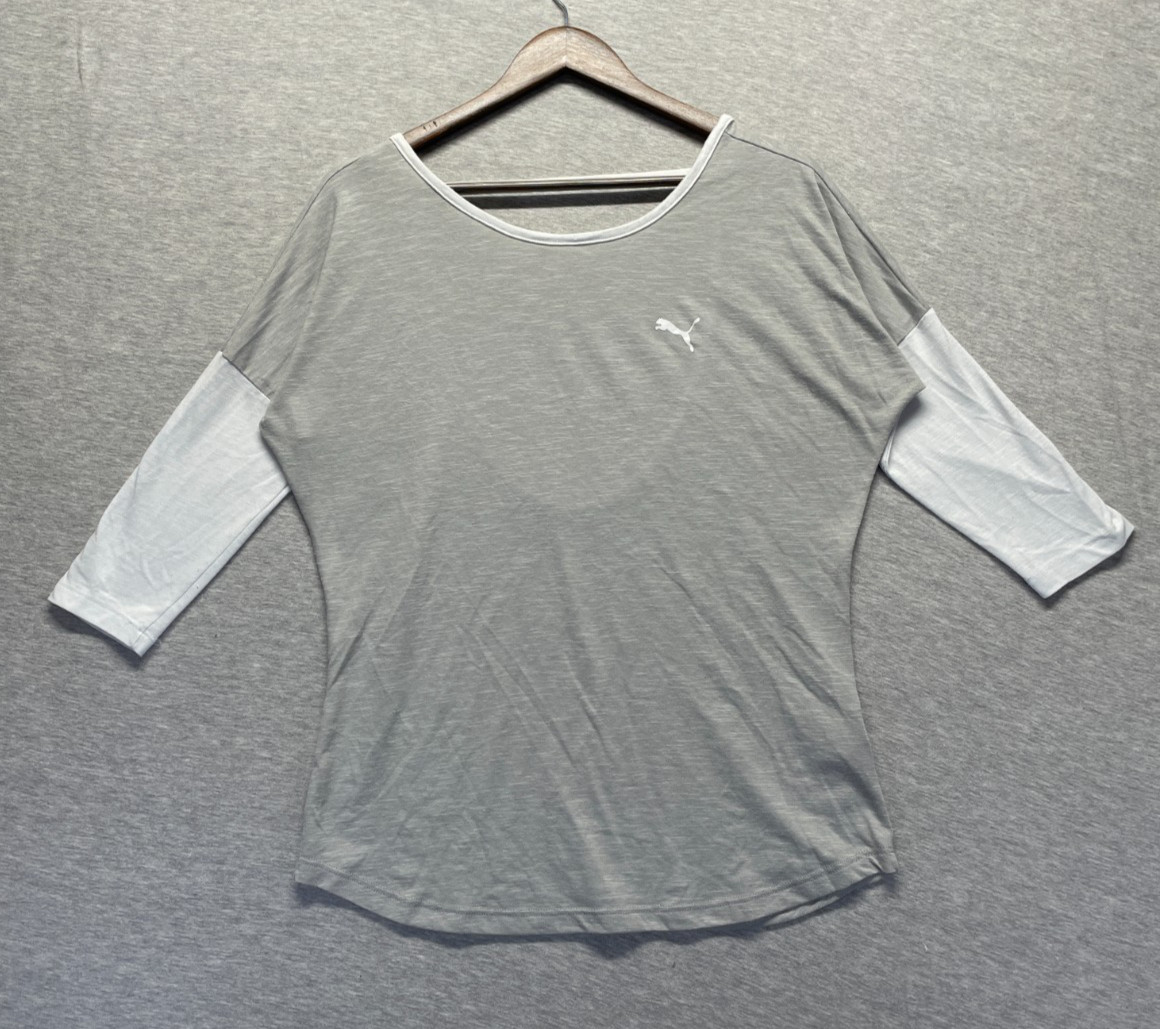 PUMA T-Shirt Top Women Medium Gray White Dropped Shoulder Round Neck Casual Wear
