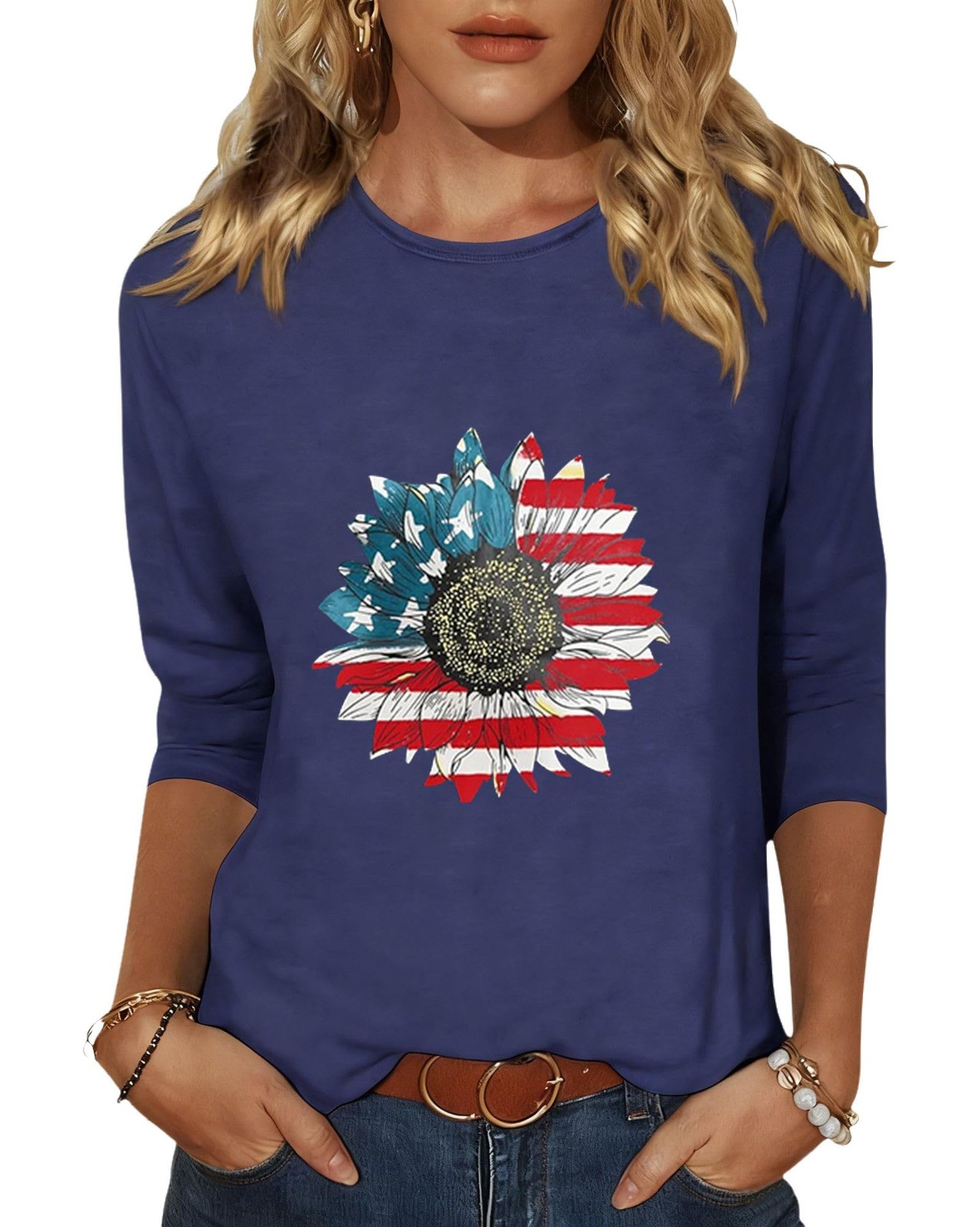 American Flag 3/4 Sleeve Shirts for Women 4th of July T-Shirt USA Flag Patrio…