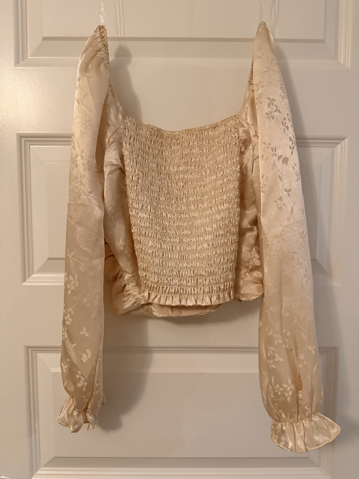 June & Hudson Beige Satin Floral Square Neck Puff Sleeve Lace-Up Blouse S