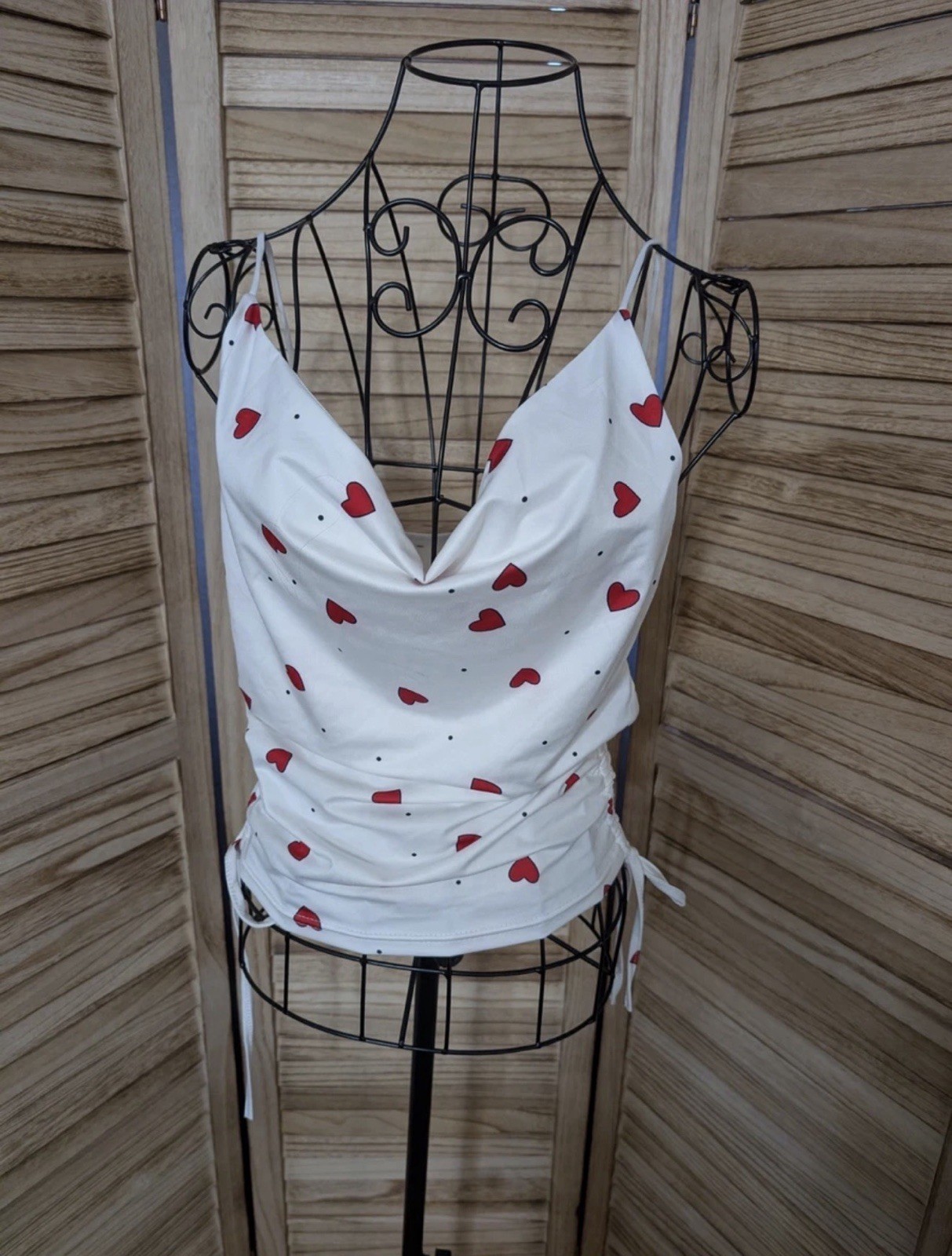 Women’s Valentine’s Heart Spaghetti Strap Tank White Red Hearts Side Ruching
